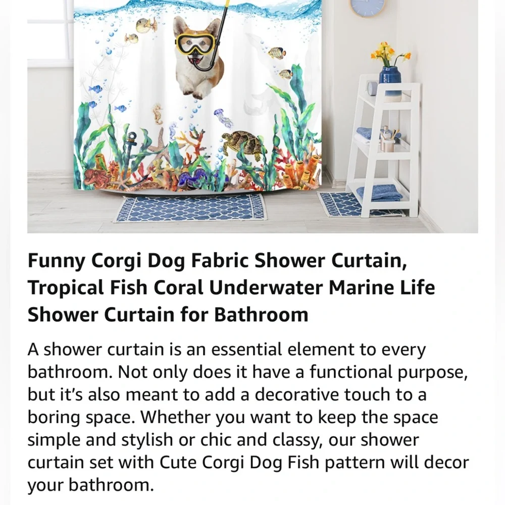 PRACTICALLY BRAND NEW! Uokiuki snorkeling Corgi and tropical fish shower curtain